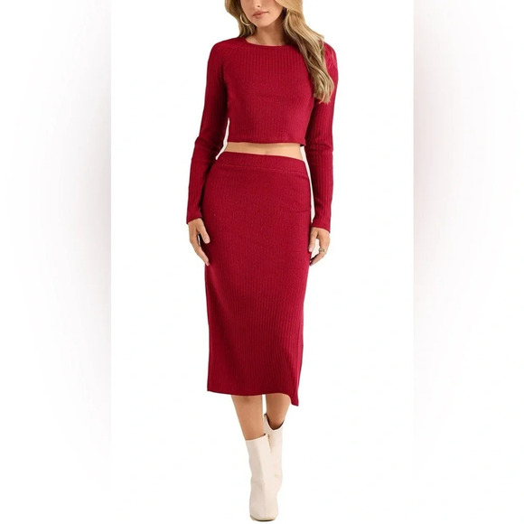Happily grey classic two piece feminine red crop sweater midi skirt Bodycon set - Picture 16 of 16